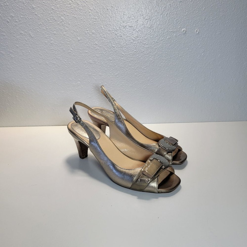 Cole Haan Metallic Gold Leather Peep Toe Slingbacks Heels Women's US 8 B